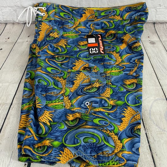 NWT VINTAGE 90'S RUSTY MEN'S AOP DRAGONS HYBRID BOARD SHORTS SIZE 33 - Picture 14 of 16